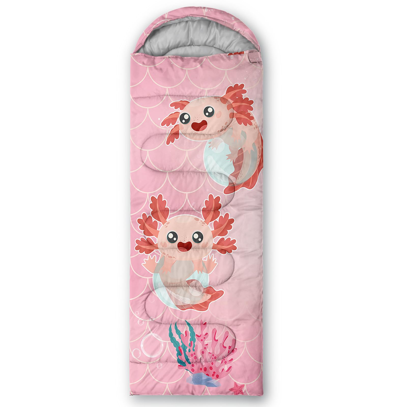 QOOMO Marine Axolotl sleeping bag waterproof exterior resists rain at camp.