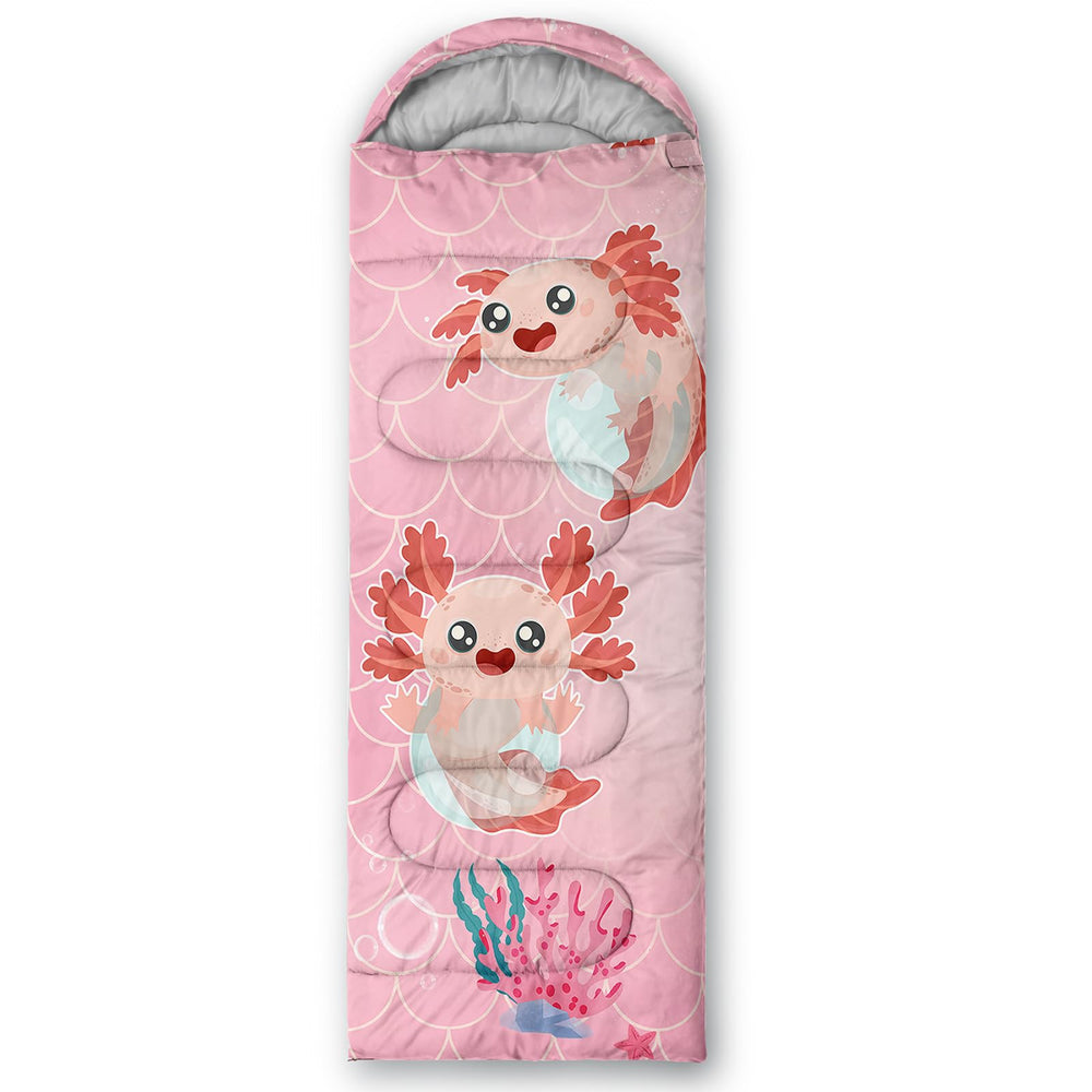 QOOMO Marine Axolotl sleeping bag waterproof exterior resists rain at camp.