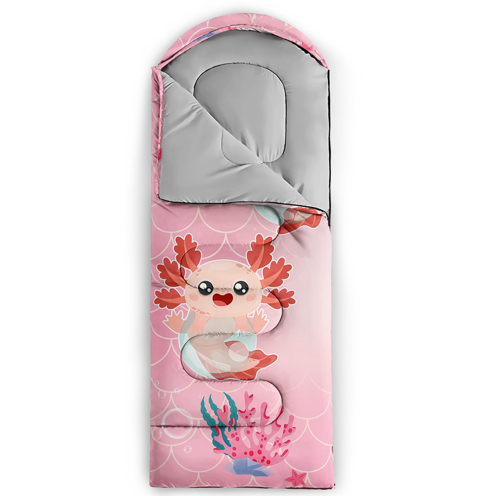 QOOMO Marine Axolotl sleeping bag zipper vent demonstrates adjustable airflow for seasonal comfort.