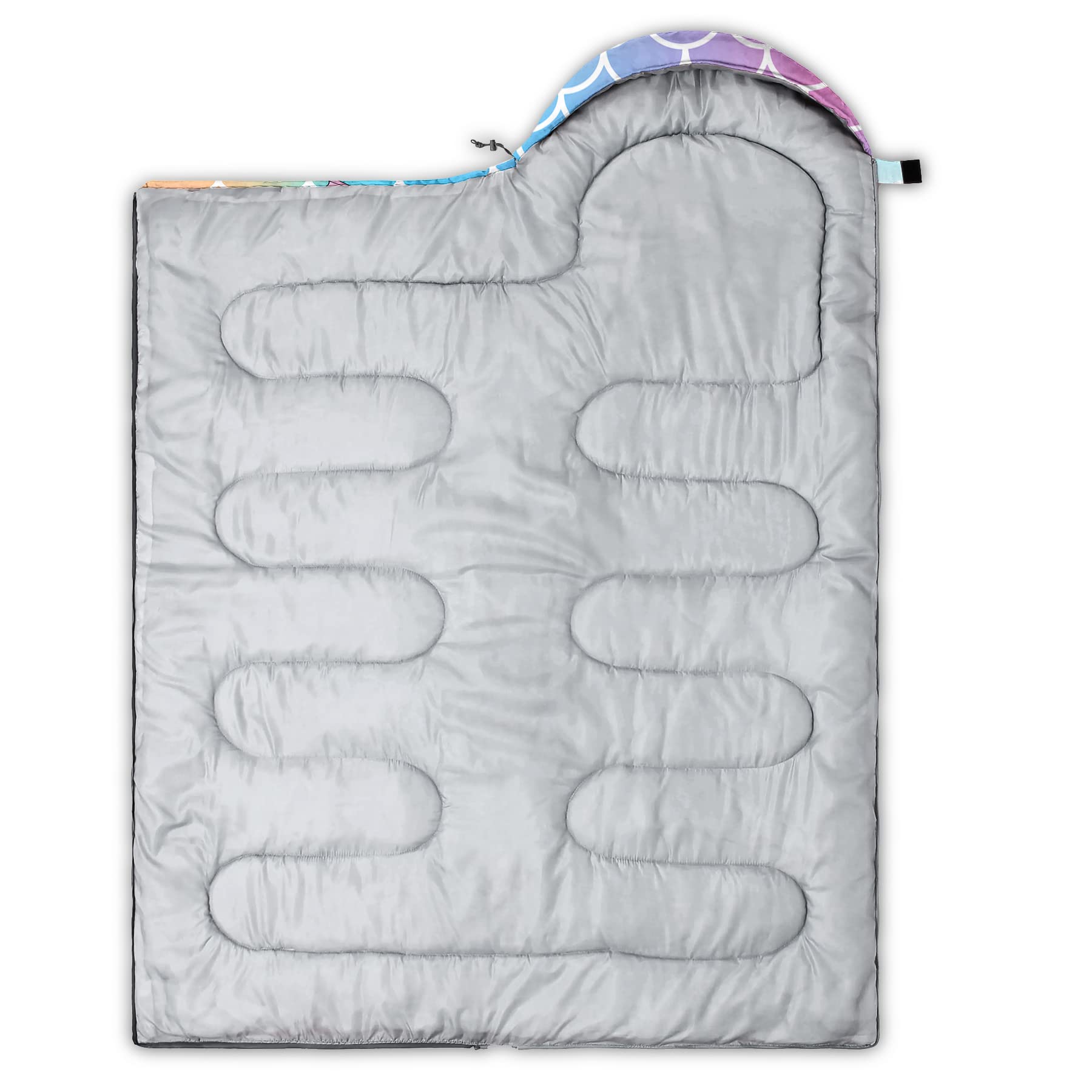 QOOMO Mermaid sleeping bag packs into a compact 11.8 by 13.8 inch pouch.