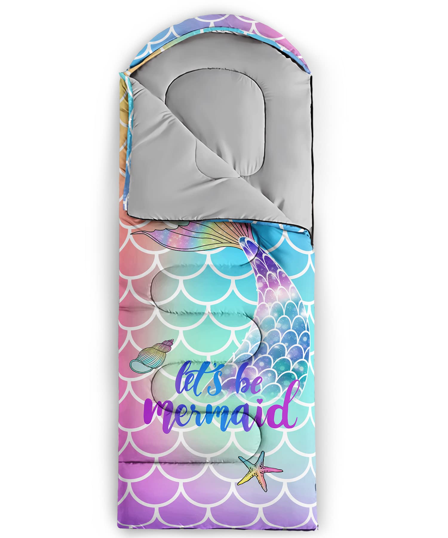 QOOMO Mermaid sleeping bag uses microfiber fill for soft insulation and comfort.
