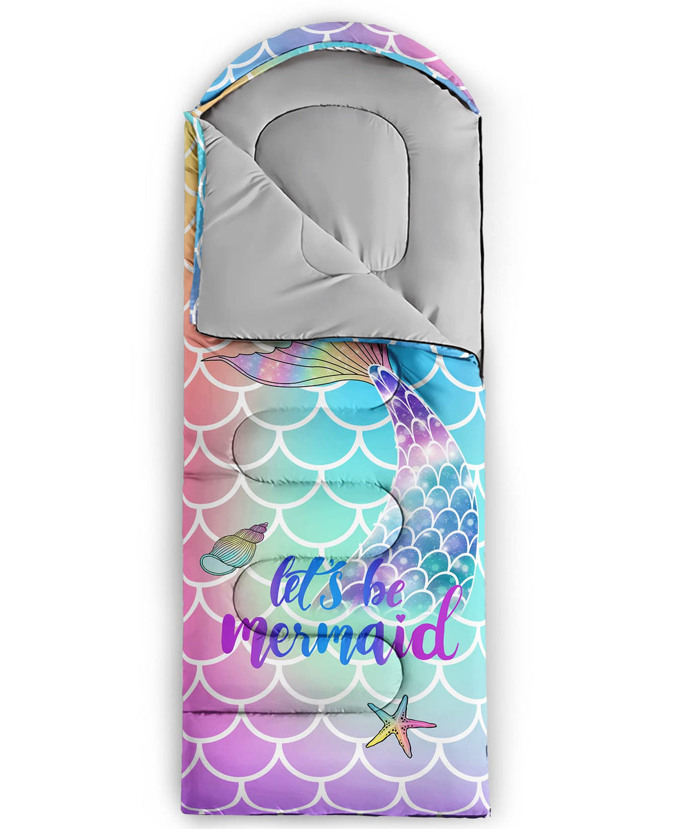 QOOMO Mermaid sleeping bag uses microfiber fill for soft insulation and comfort.