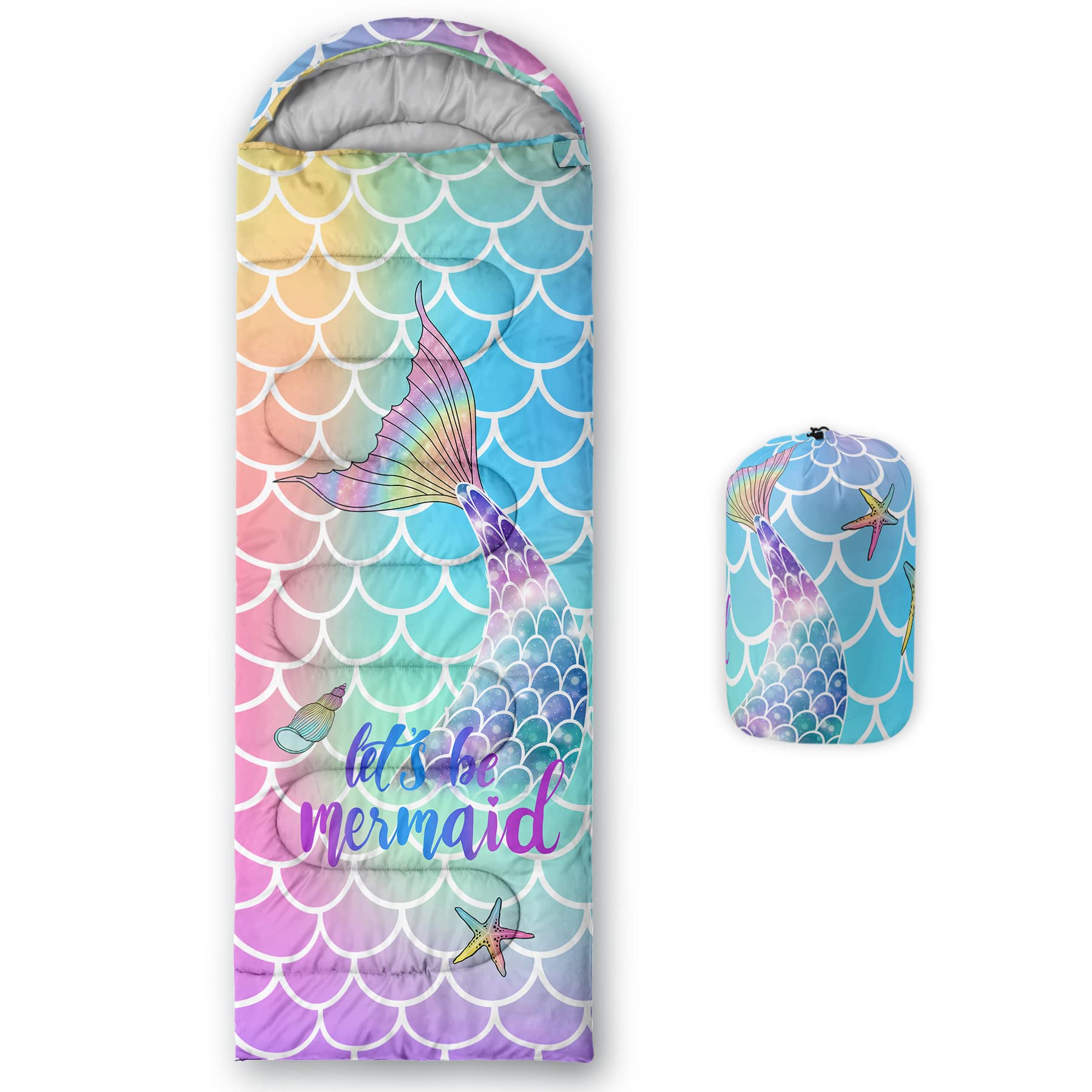 QOOMO Mermaid sleeping bag opened for spacious 31x90 inch interior, ideal for 3-season camping.