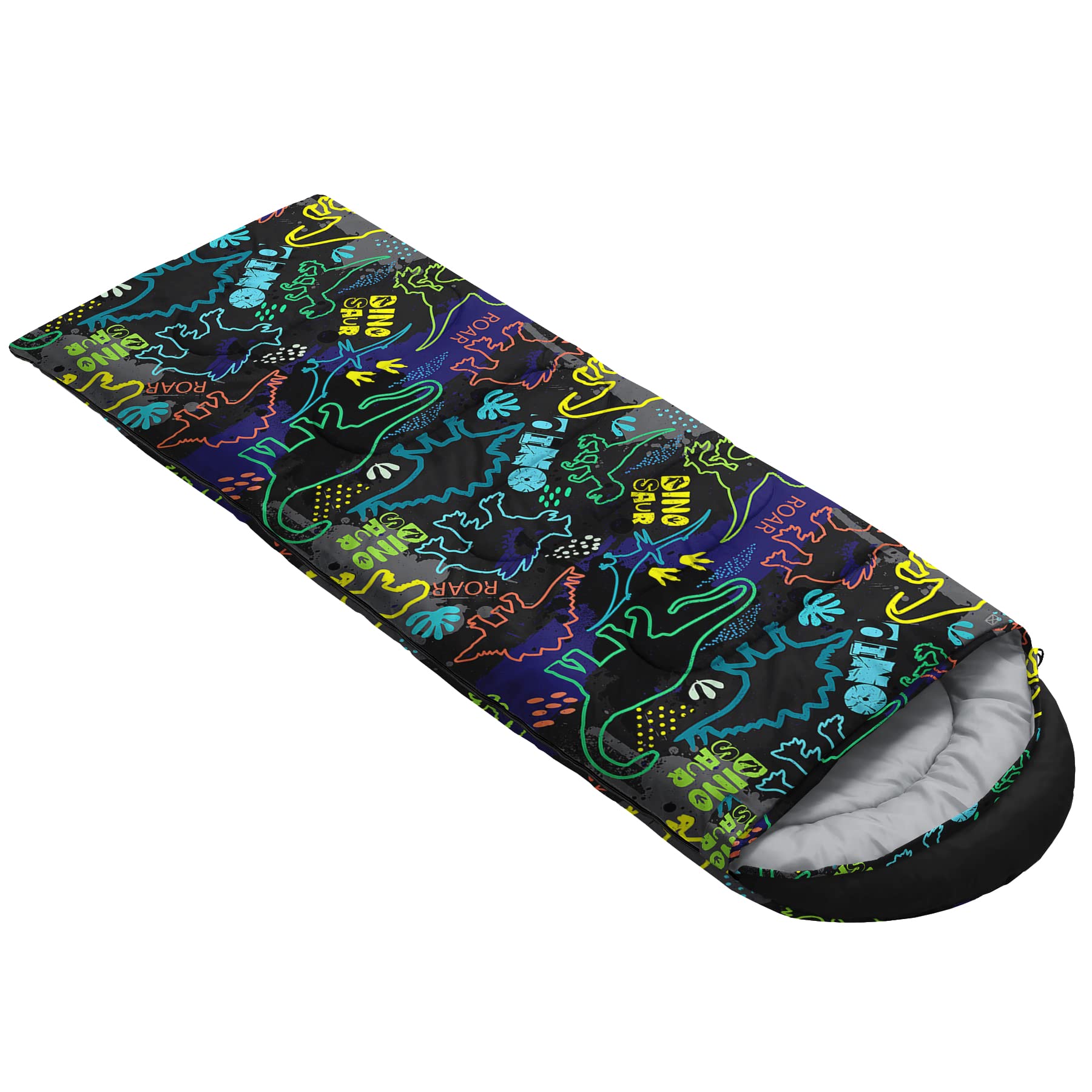 QOOMO neon dinosaur sleeping bag foot-zipper design enables adjustable airflow and temperature