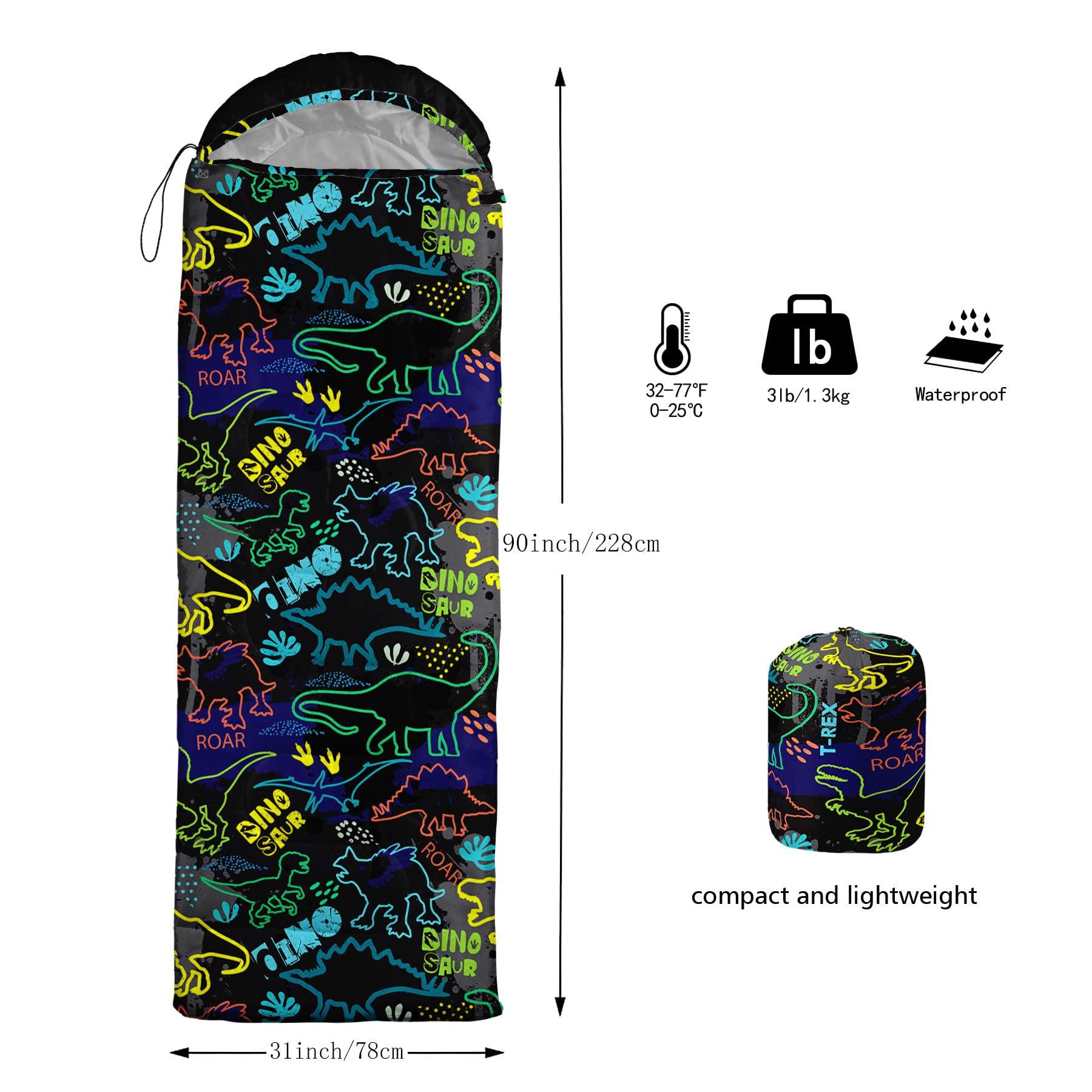 QOOMO neon dinosaur sleeping bag hood drawstring demonstrates snug warmth and adjustable fit