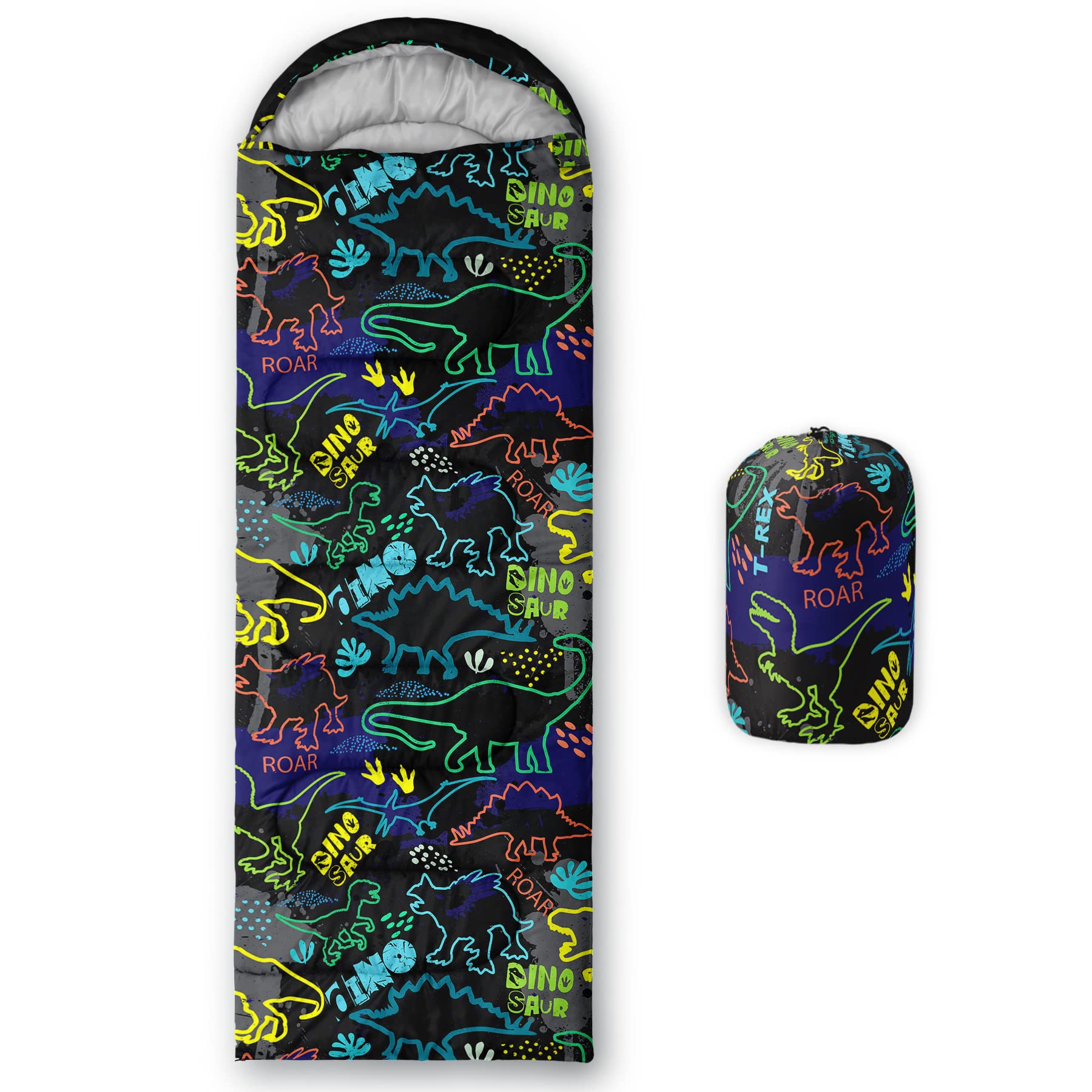 QOOMO neon dinosaur sleeping bag outer-material close-up shows waterproof, breathable fabric for outdoors