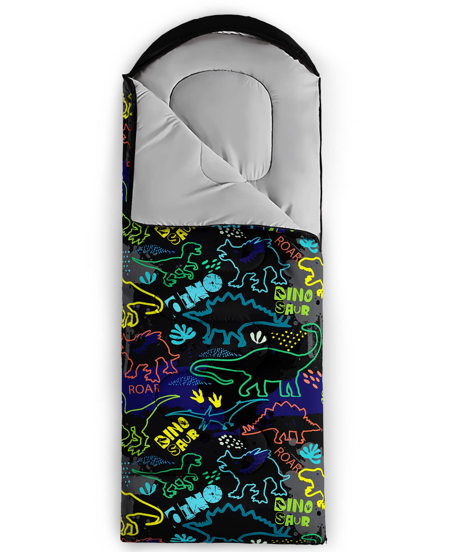 QOOMO neon dinosaur sleeping bag waterproof fabric ready for damp camping conditions