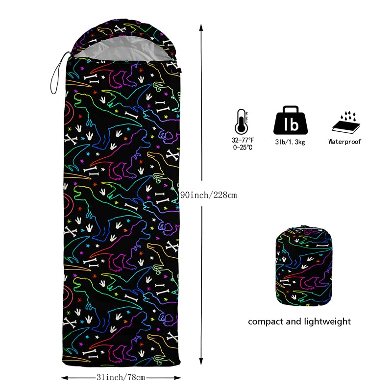 QOOMO Neon Dinosaur sleeping bag family camping scene highlights kid-friendly style.