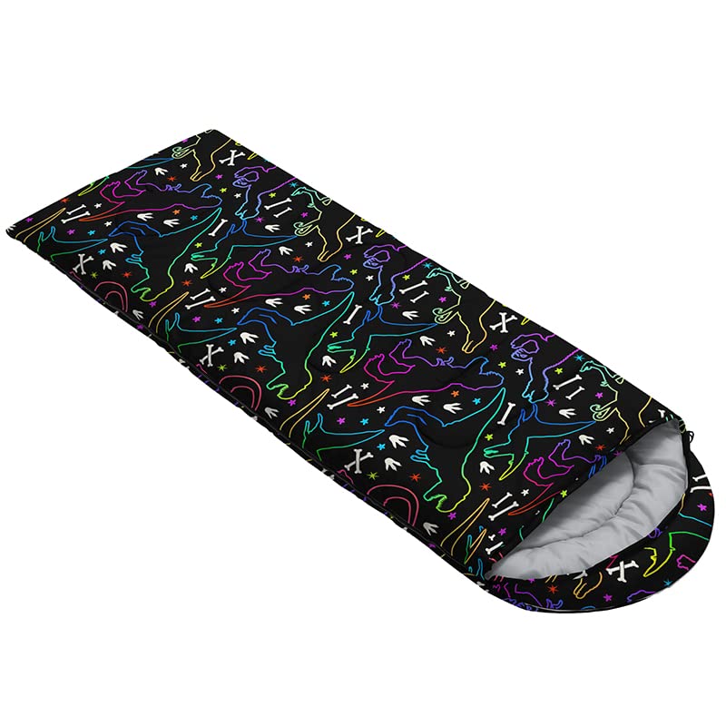 QOOMO Neon Dinosaur sleeping bag foot zipper enables temperature control during use.