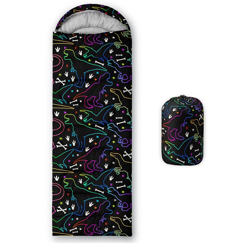 QOOMO Neon Dinosaur sleeping bag front view is lightweight and great for family camping.