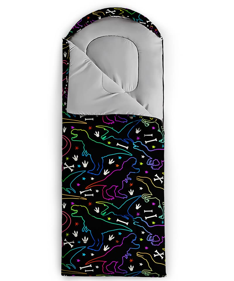 QOOMO Neon Dinosaur sleeping bag hood drawstring sews in warmth for cool nights.