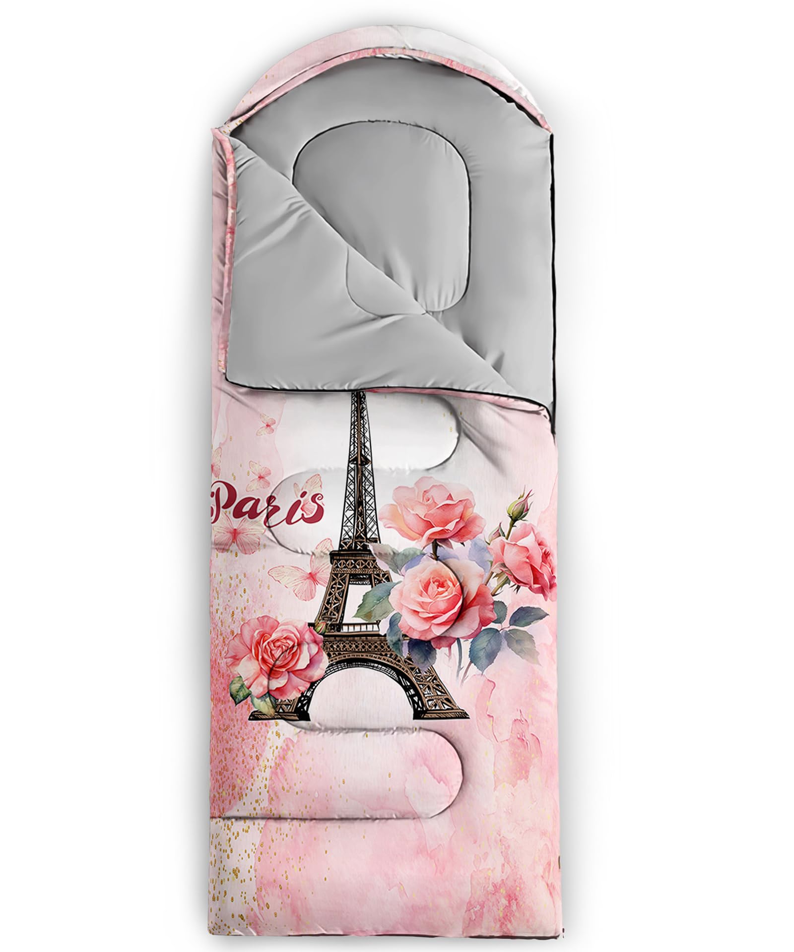 QOOMO Paris Eiffel Tower sleeping bag packed size shows compact travel-friendly storage
