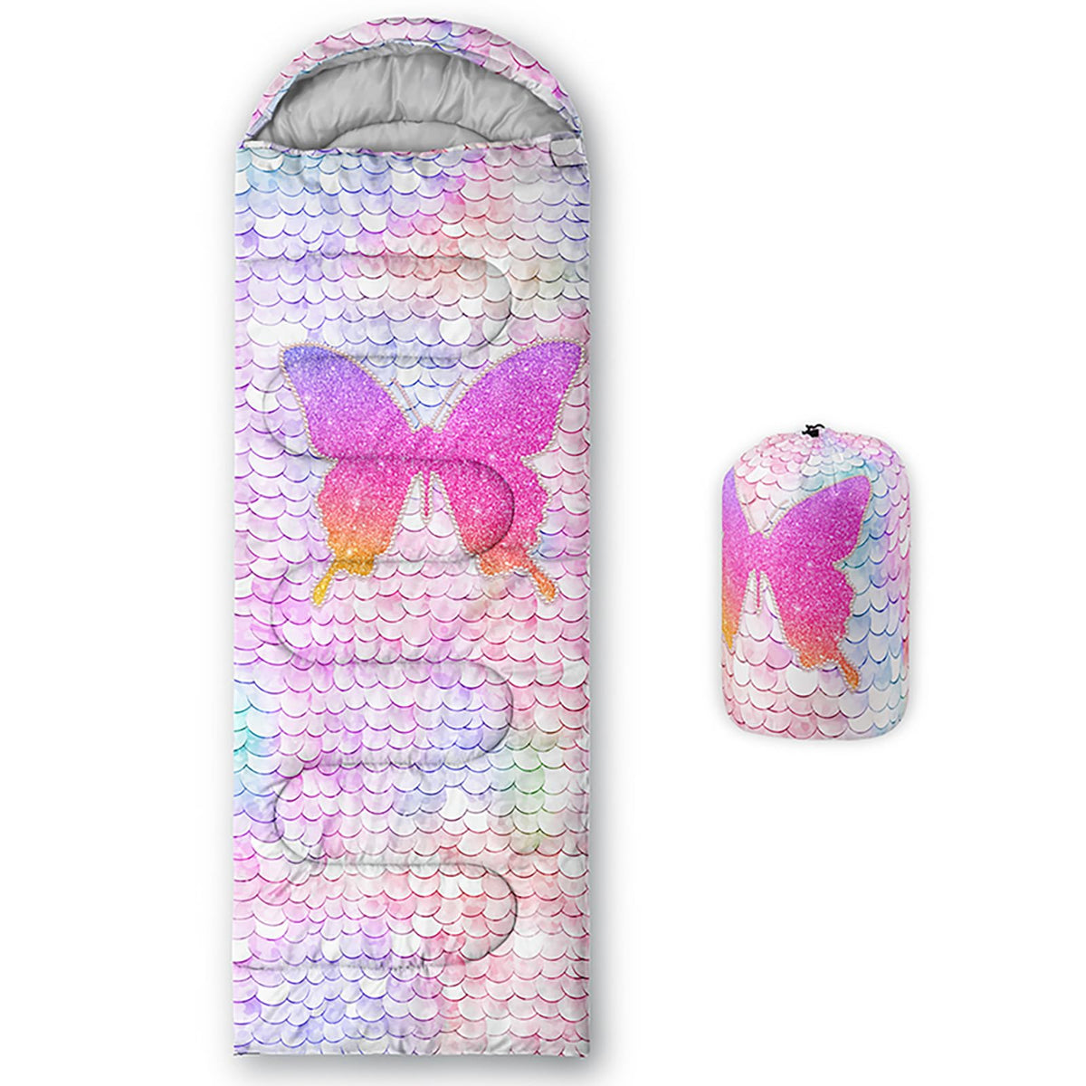 QOOMO pink butterfly sleeping bag front view shows compact travel-ready design