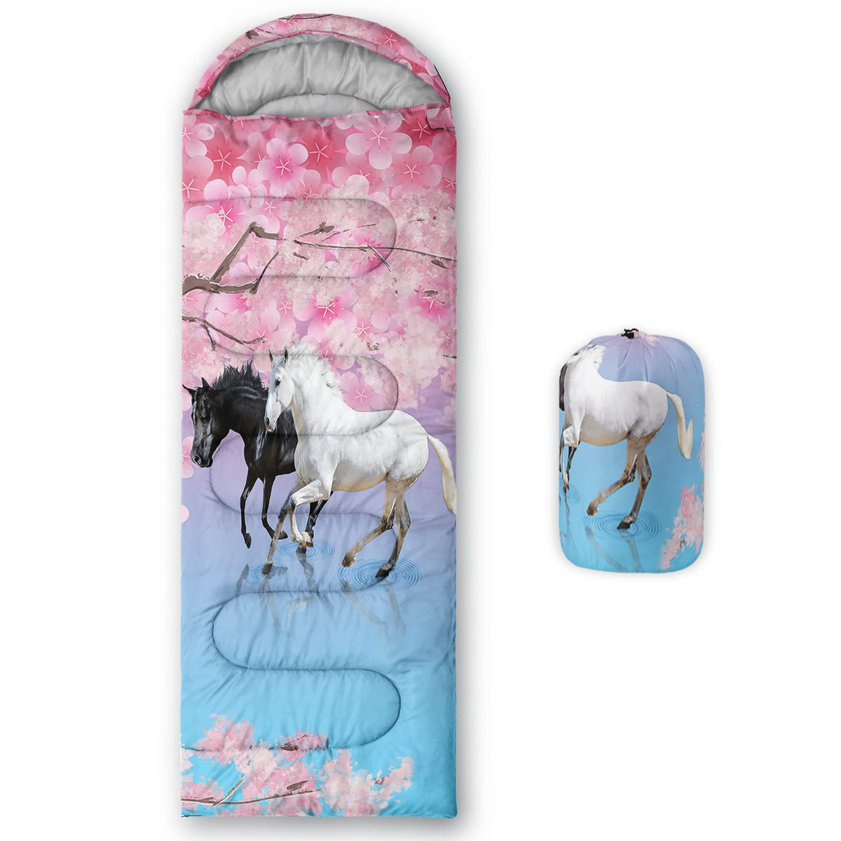 QOOMO Pink Cherry Blossom sleeping bag folded for compact travel storage