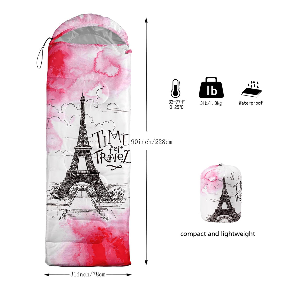 QOOMO pink Eiffel Tower sleeping bag outer 210T breathable coating.