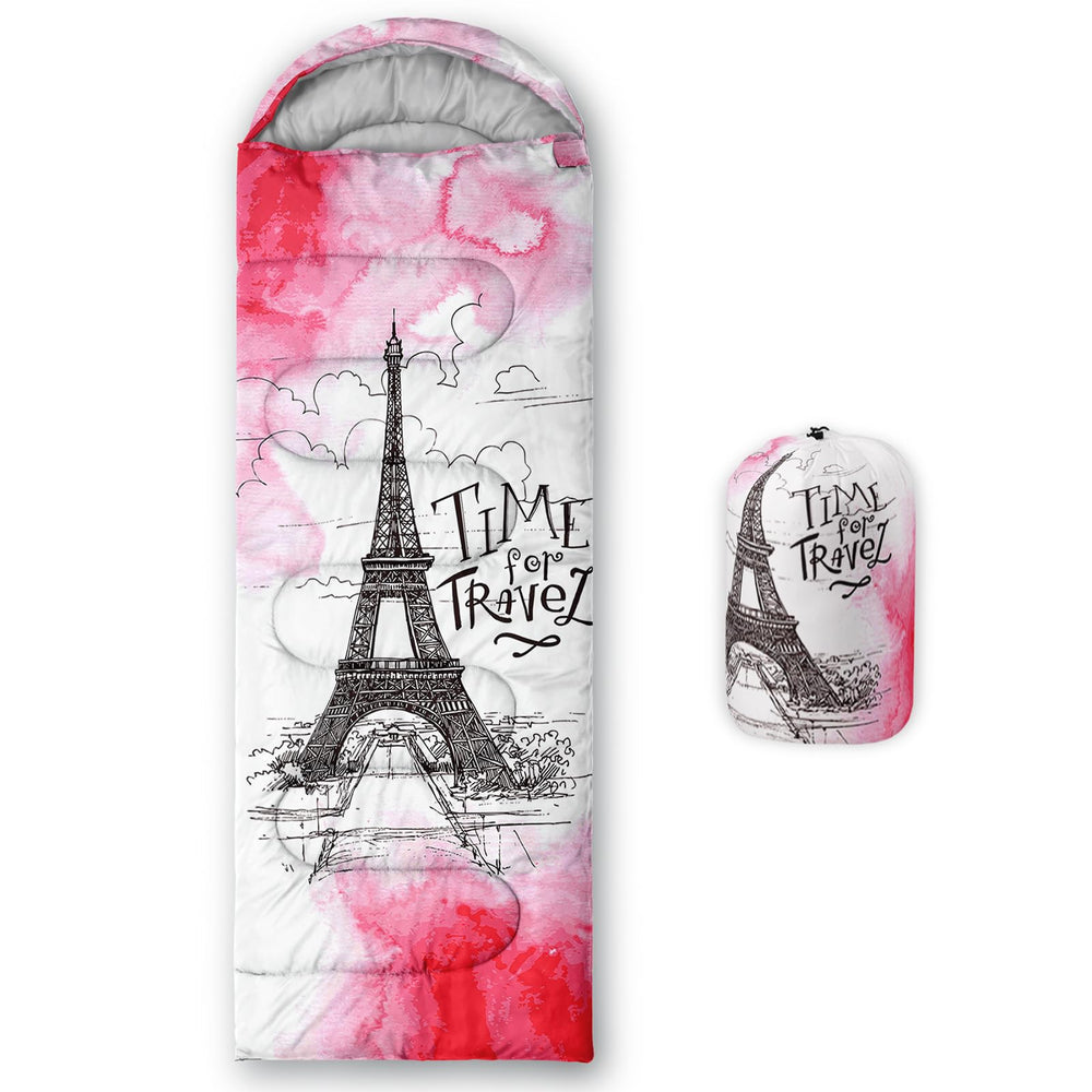 QOOMO pink Eiffel Tower sleeping bag exterior shows waterproof 210T fabric for outdoors.