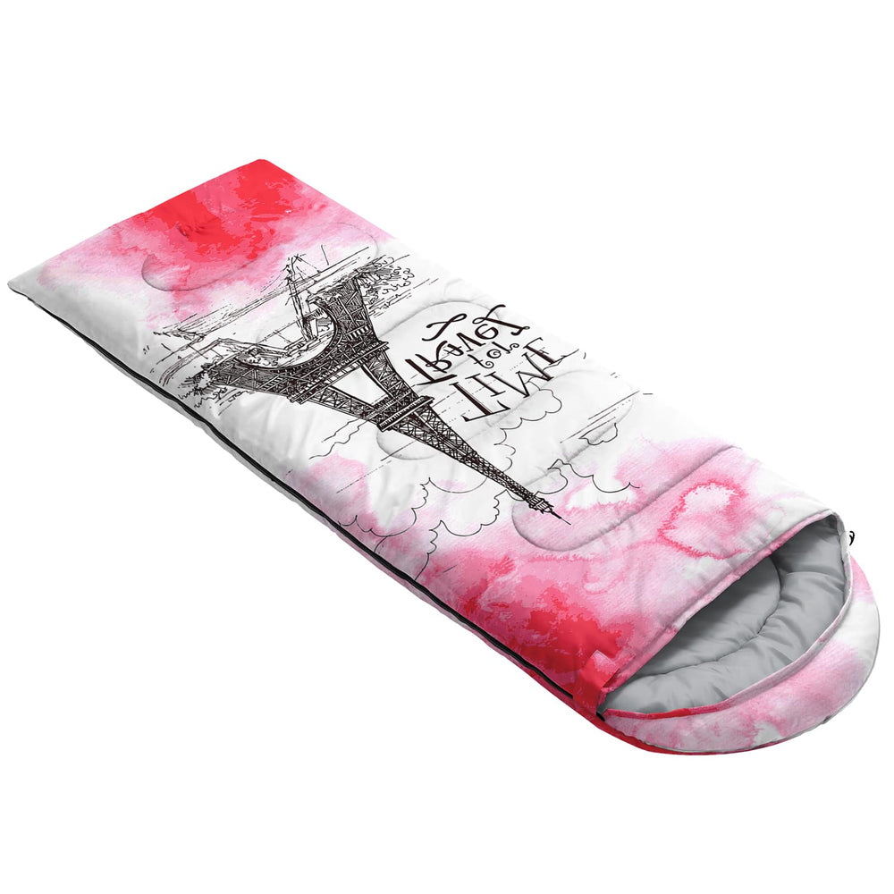 QOOMO pink Eiffel Tower sleeping bag laid flat at 31x90 inches.