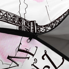 QOOMO pink Eiffel Tower sleeping bag hood drawstring secures warmth.