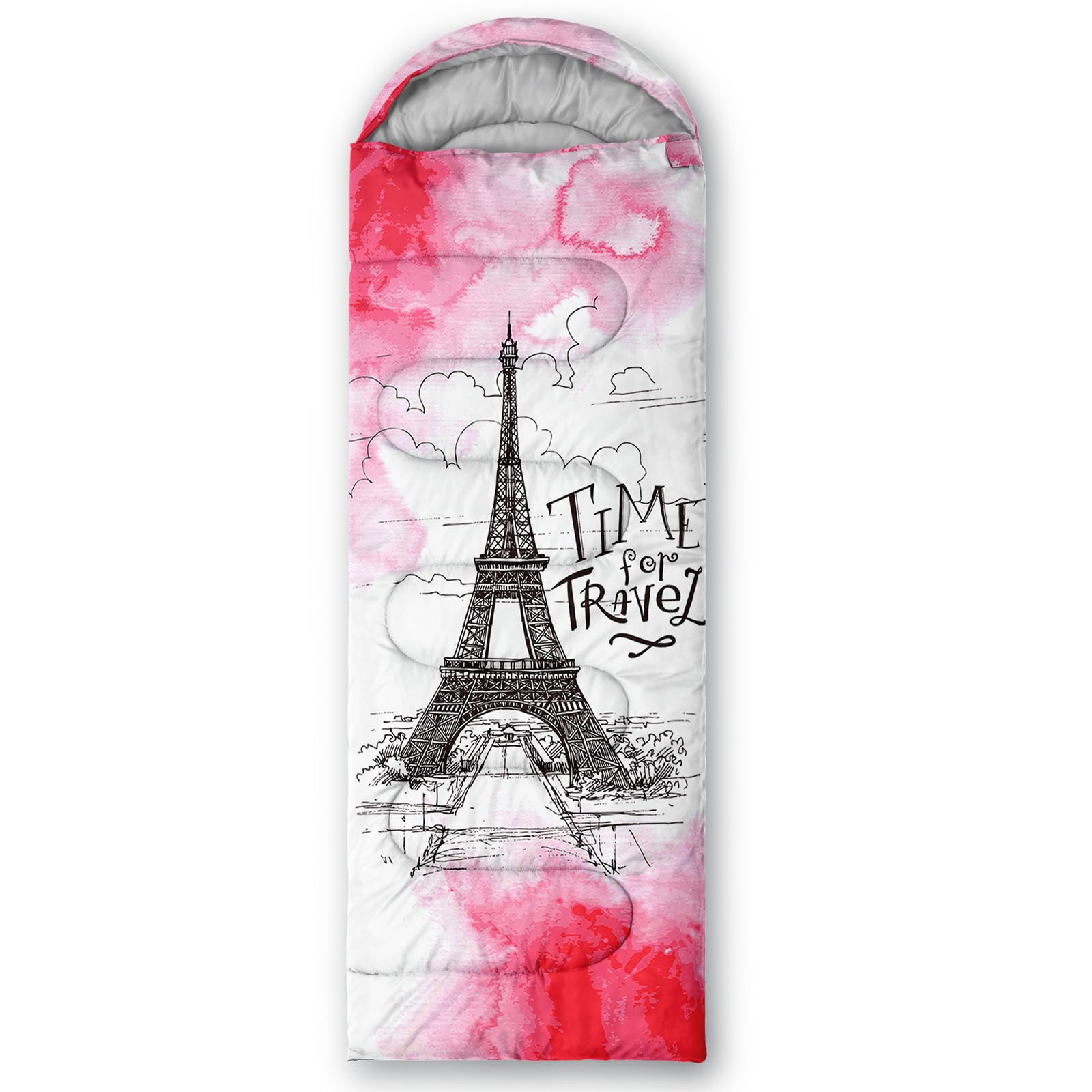 QOOMO pink Eiffel Tower sleeping bag machine washable for easy care.