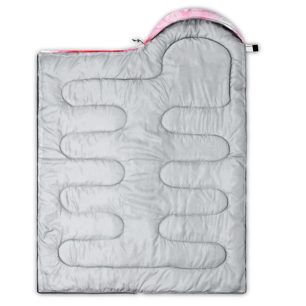 QOOMO pink Eiffel Tower sleeping bag warmth suitable for 41–59°F.