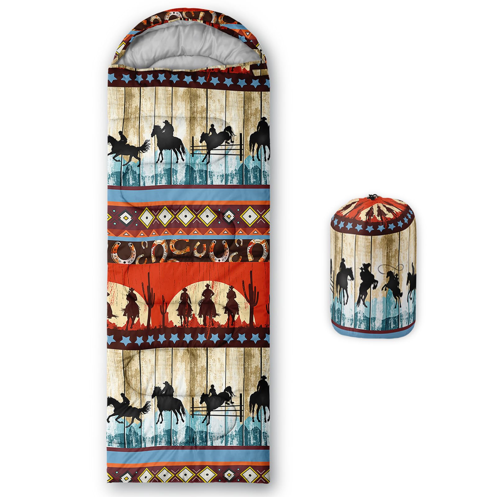 qoomo riding cowboy sleeping bag front view shows waterproof shell for outdoor warmth