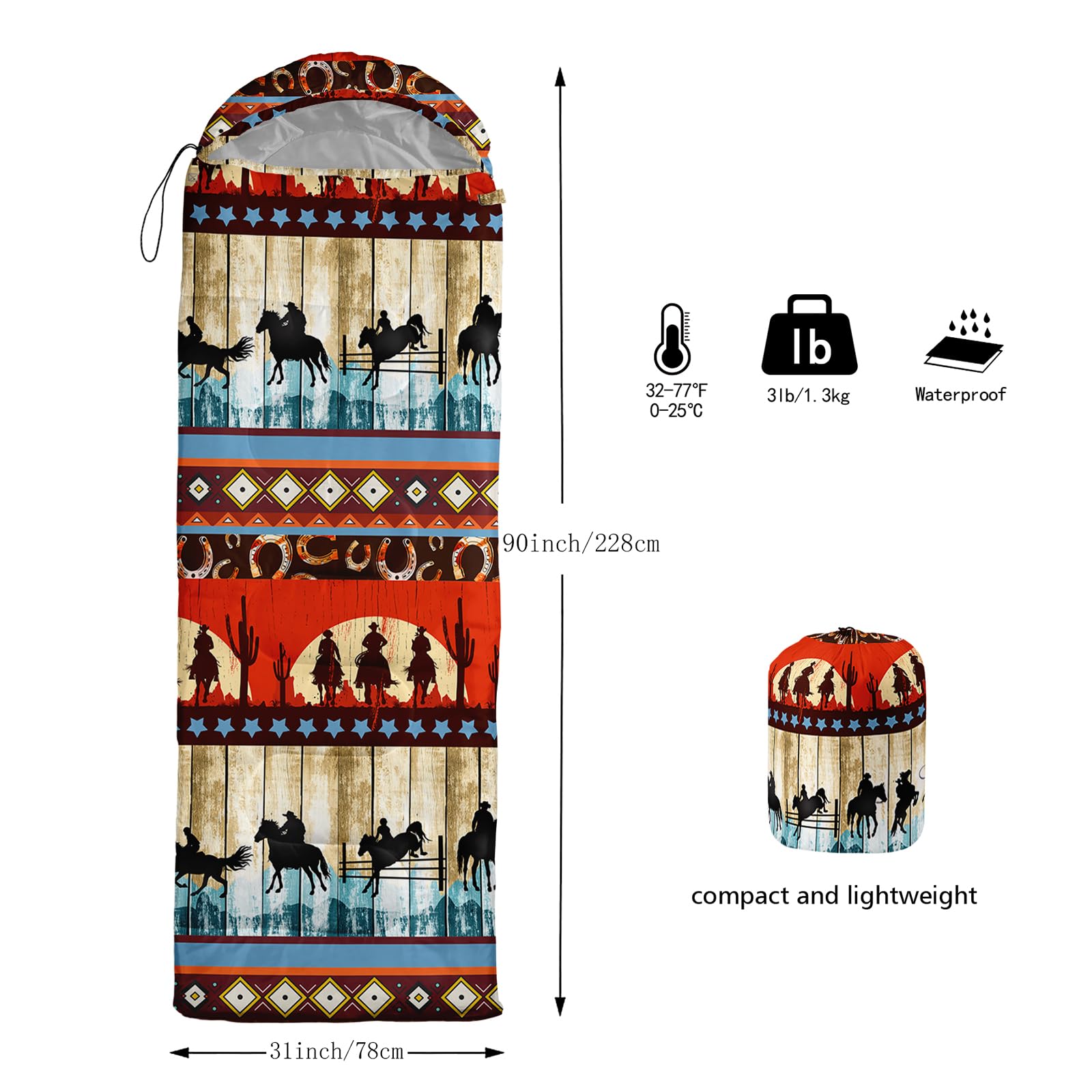 qoomo riding cowboy sleeping bag ready for travel and storage in a compact bag