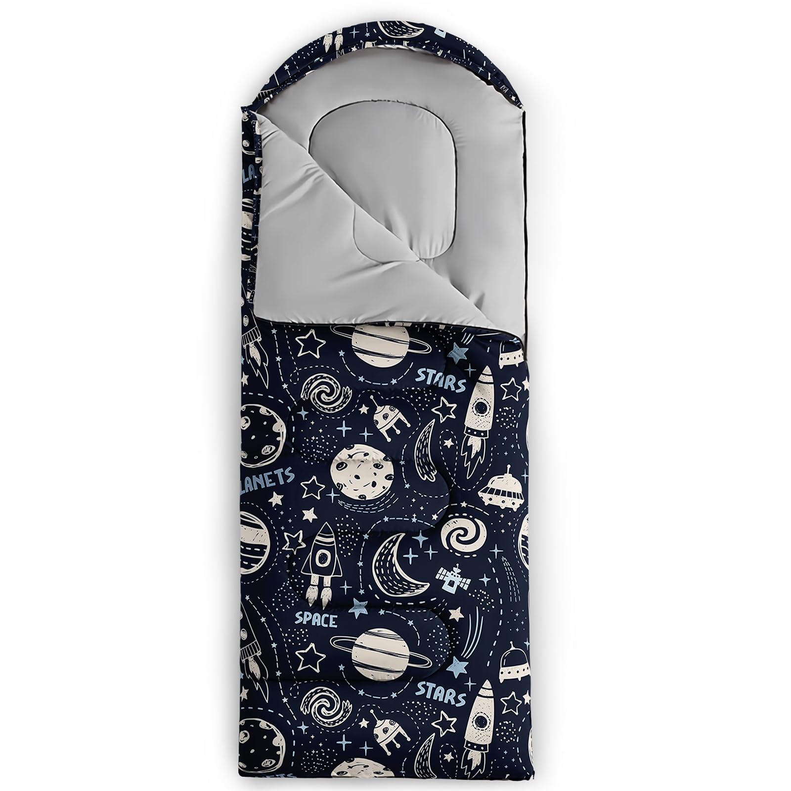 QOOMO Rocket Planet sleeping bag hood-drawstring detail for snug warmth on cool nights
