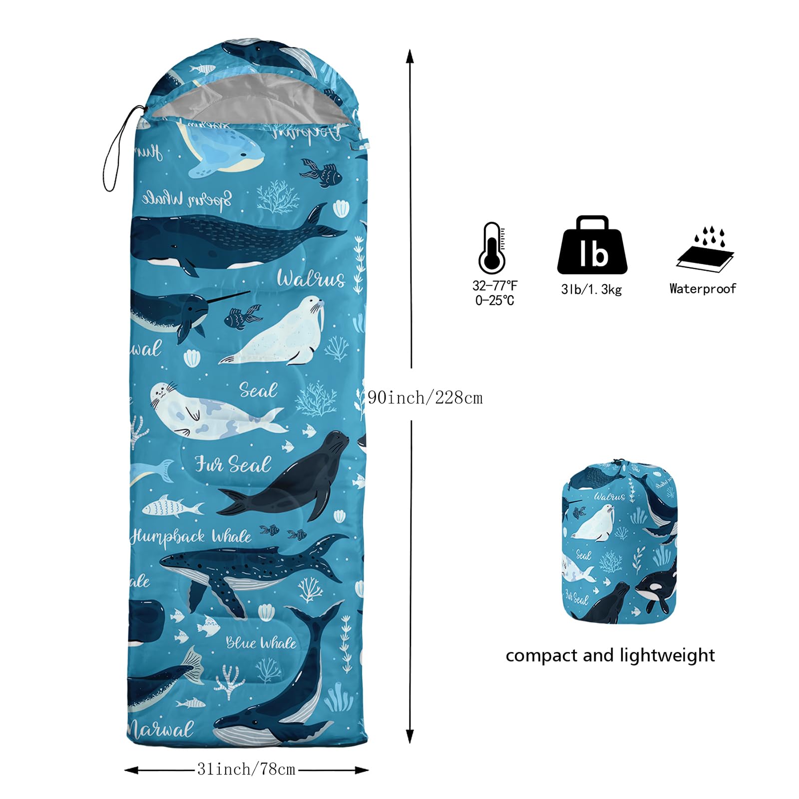QOOMO Seal Printed Camping Sleeping Bag inner lining provides soft comfort and quick-dry feel.