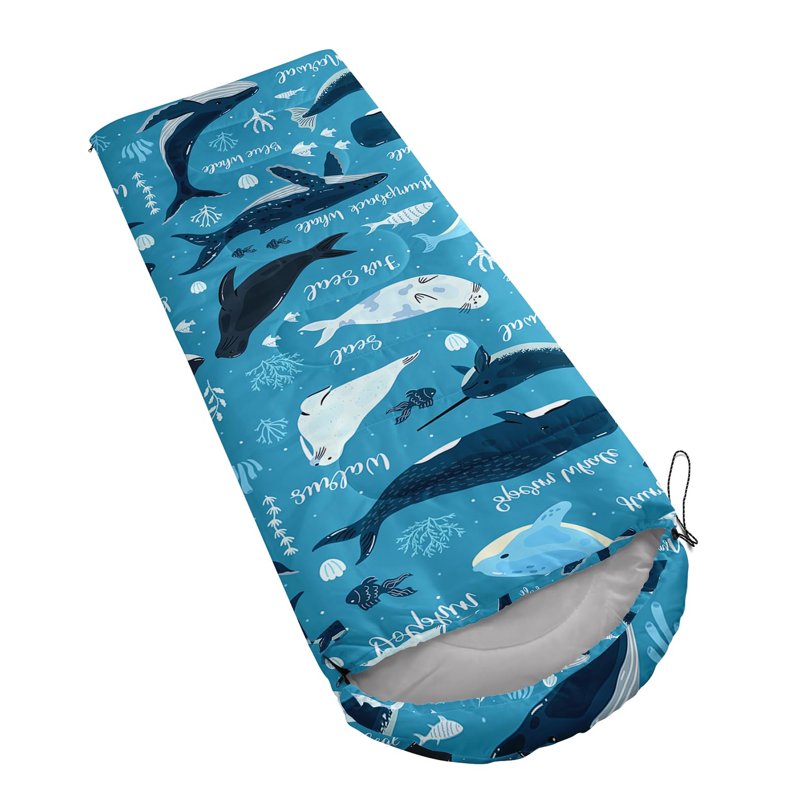 QOOMO Seal Printed Camping Sleeping Bag in outdoor use demonstrates versatile camping scenarios.