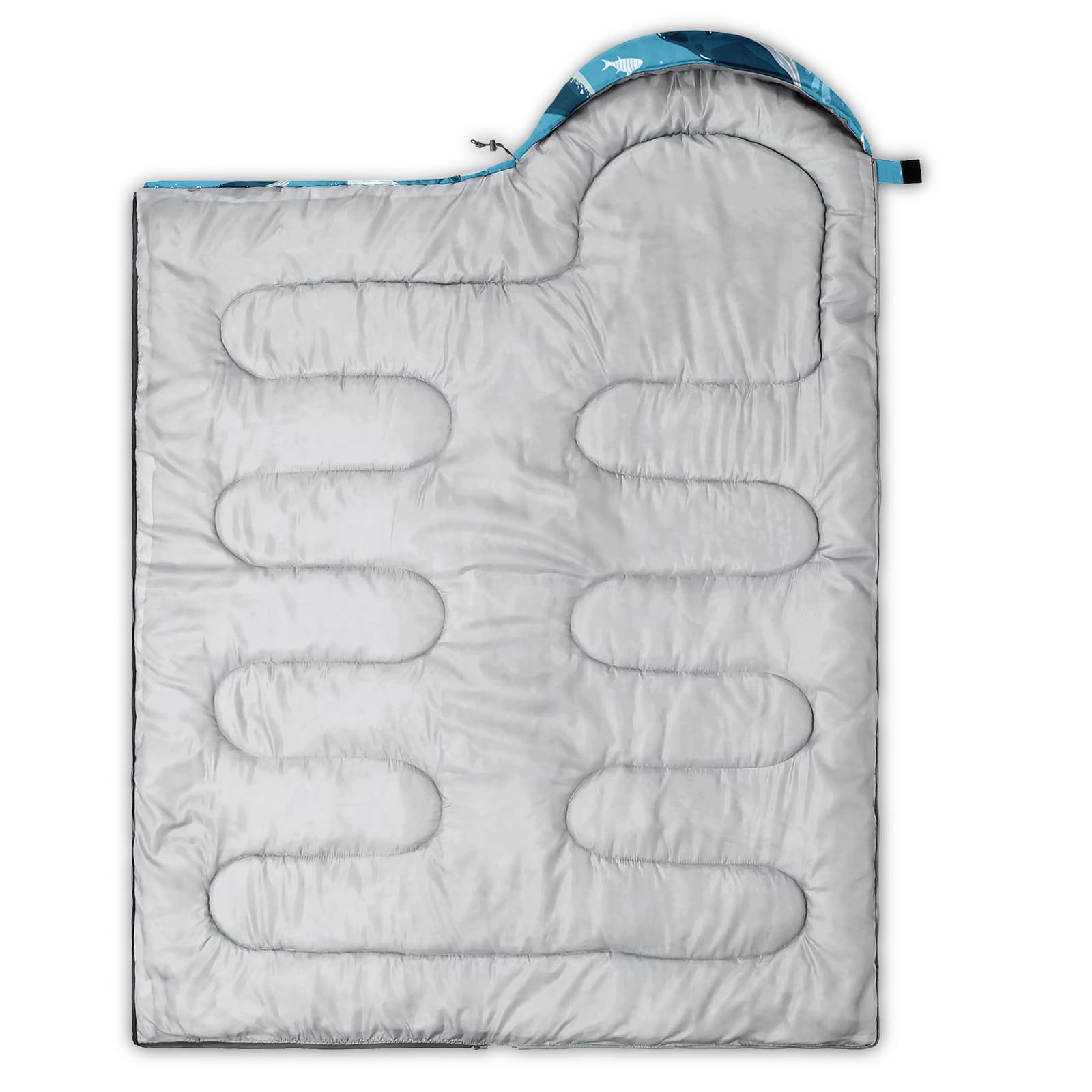 QOOMO Seal Printed Camping Sleeping Bag outer shell closeup highlights durable waterproof fabric.