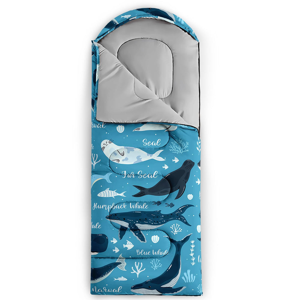 QOOMO Seal Printed Camping Sleeping Bag packed compactly for easy travel and storage.