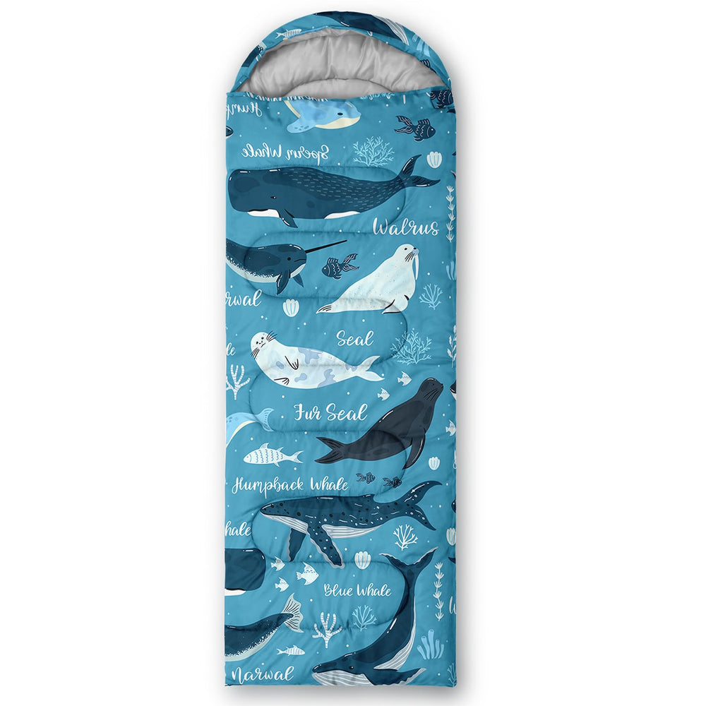 QOOMO Seal Printed Camping Sleeping Bag size label confirms 31x90 inch dimensions.