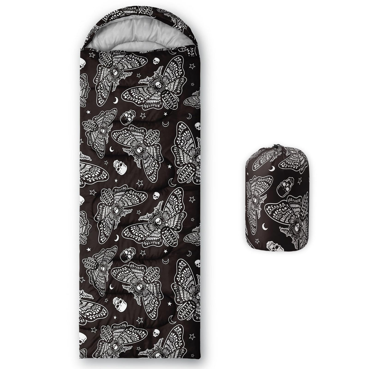 QOOMO skeleton death moth sleeping bag with bold print for stylish camping adventures