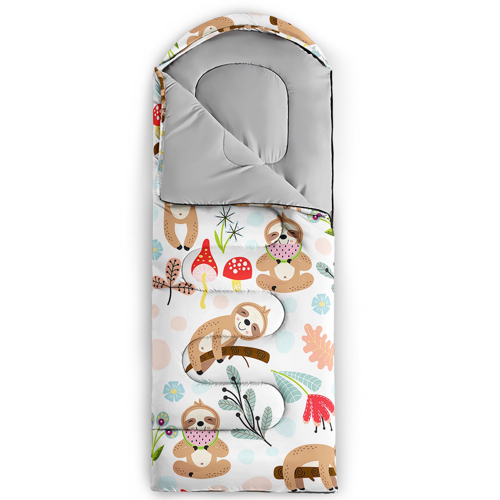 QOOMO sloth-printed sleeping bag with drawstring hood for snug outdoor nights.