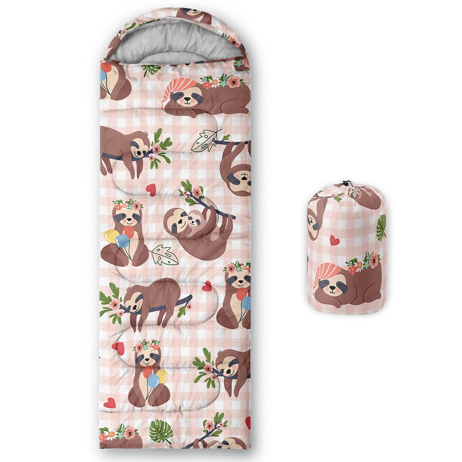 QOOMO sloth-printed sleeping bag front view showing cozy exterior and print