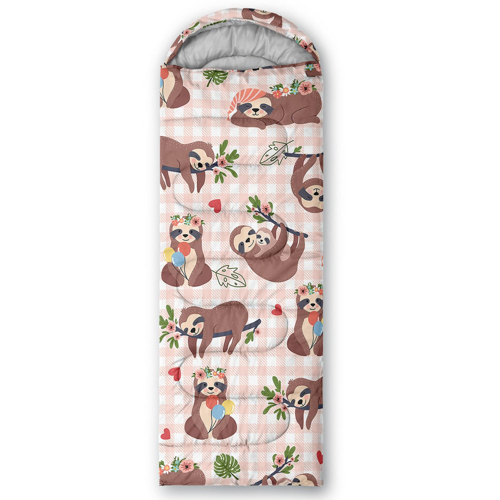 QOOMO sloth-printed sleeping bag packed in a compact cylinder for storage