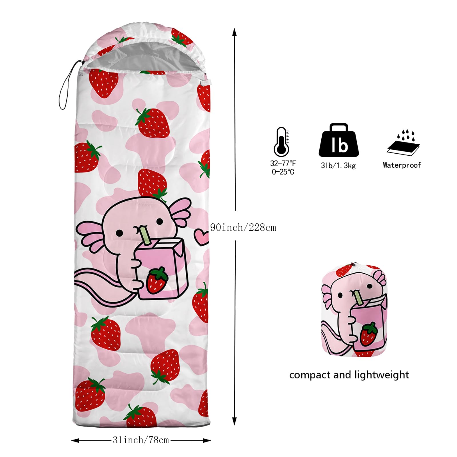 QOOMO Strawberry Axolotl sleeping bag 31x90 inches suitable for adults and kids