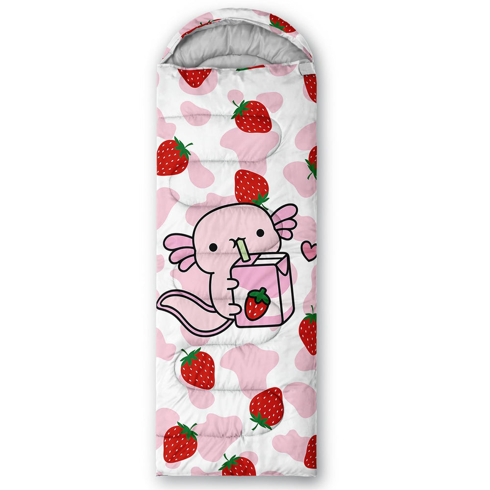 QOOMO Strawberry Axolotl bag with drawstring hood ensuring secure fit