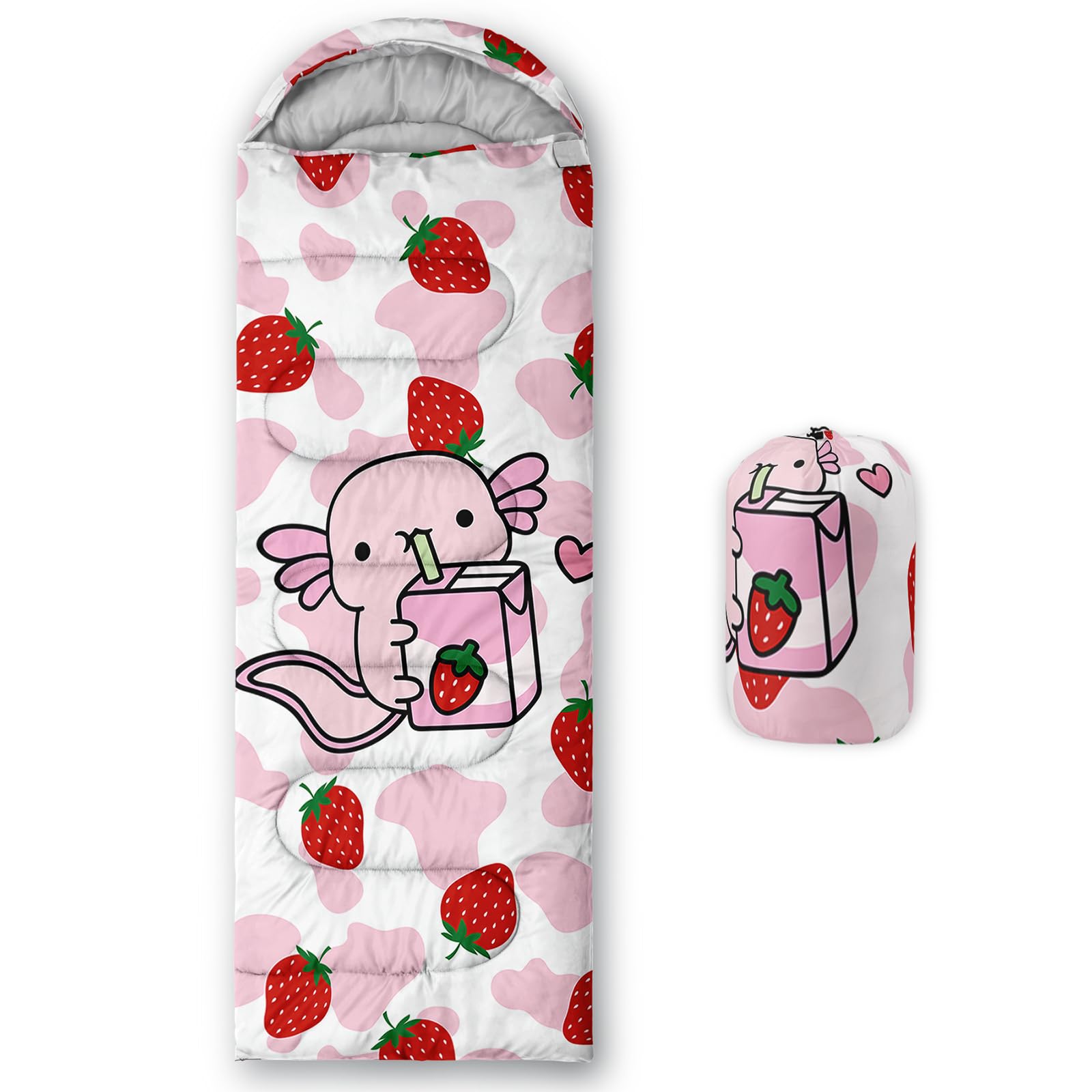 QOOMO Strawberry Axolotl sleeping bag front view showing print and size for camping