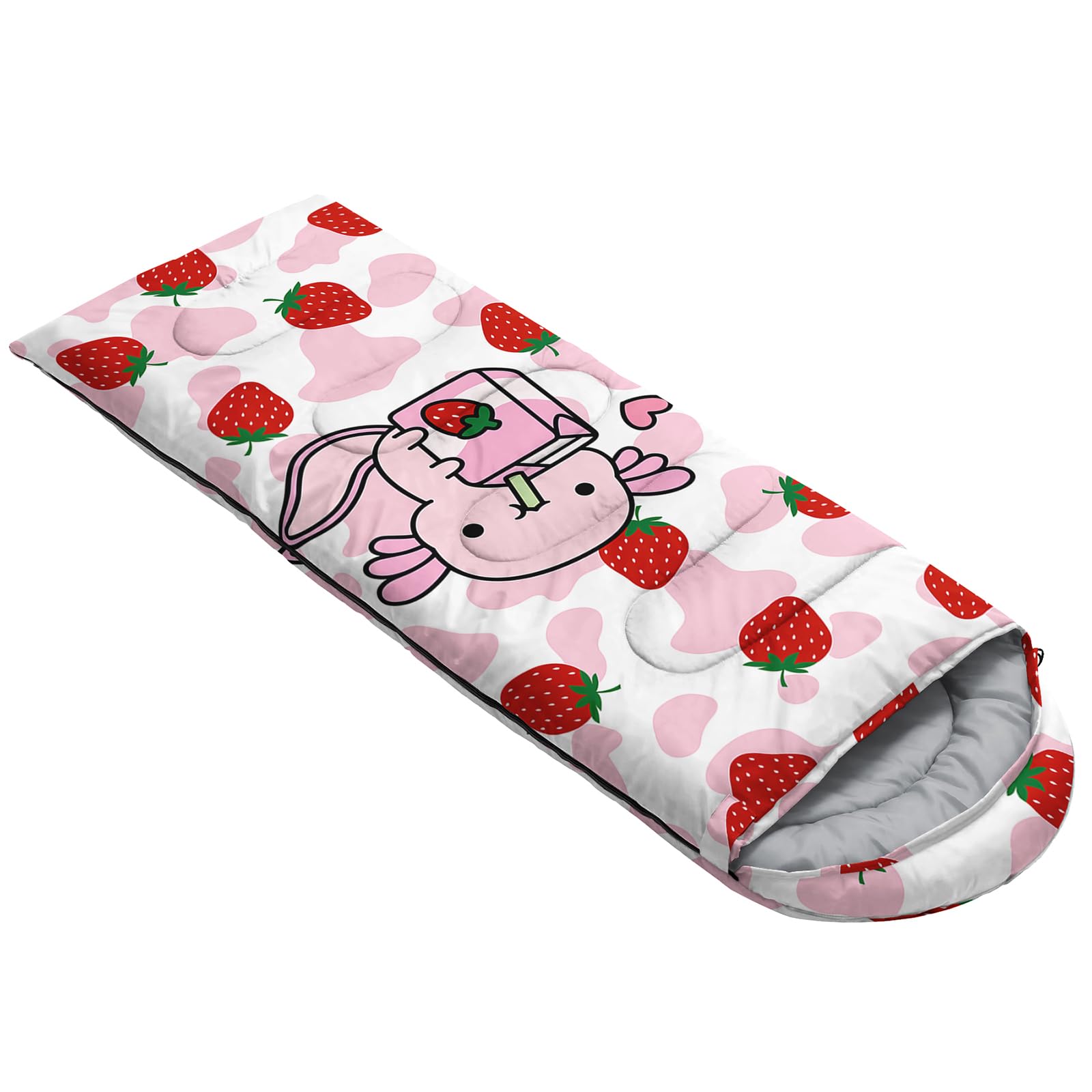 QOOMO Strawberry Axolotl bag open hood illustrating adjustable warmth