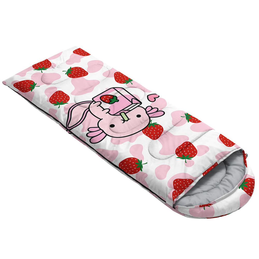 QOOMO Strawberry Axolotl bag open hood illustrating adjustable warmth
