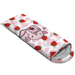 QOOMO Strawberry Axolotl bag open hood illustrating adjustable warmth