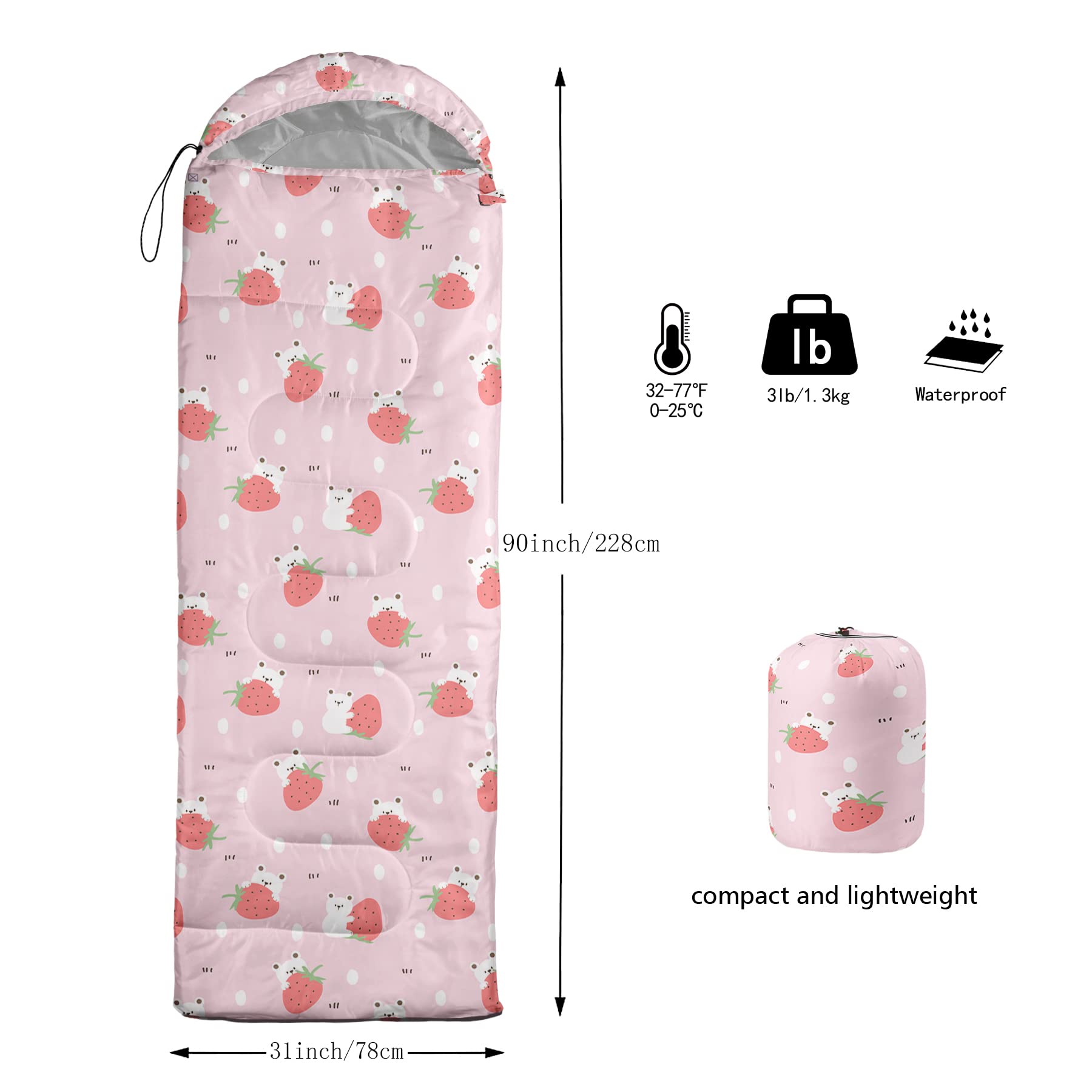QOOMO Strawberry Bear sleeping bag folded compact for easy transport.