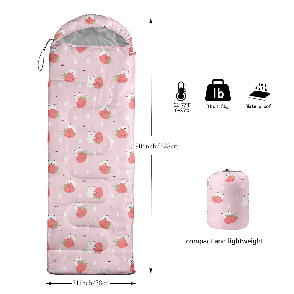 QOOMO Strawberry Bear sleeping bag folded compact for easy transport.