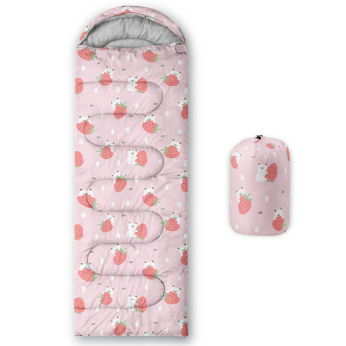 QOOMO Strawberry Bear sleeping bag opened for cozy camping warmth.
