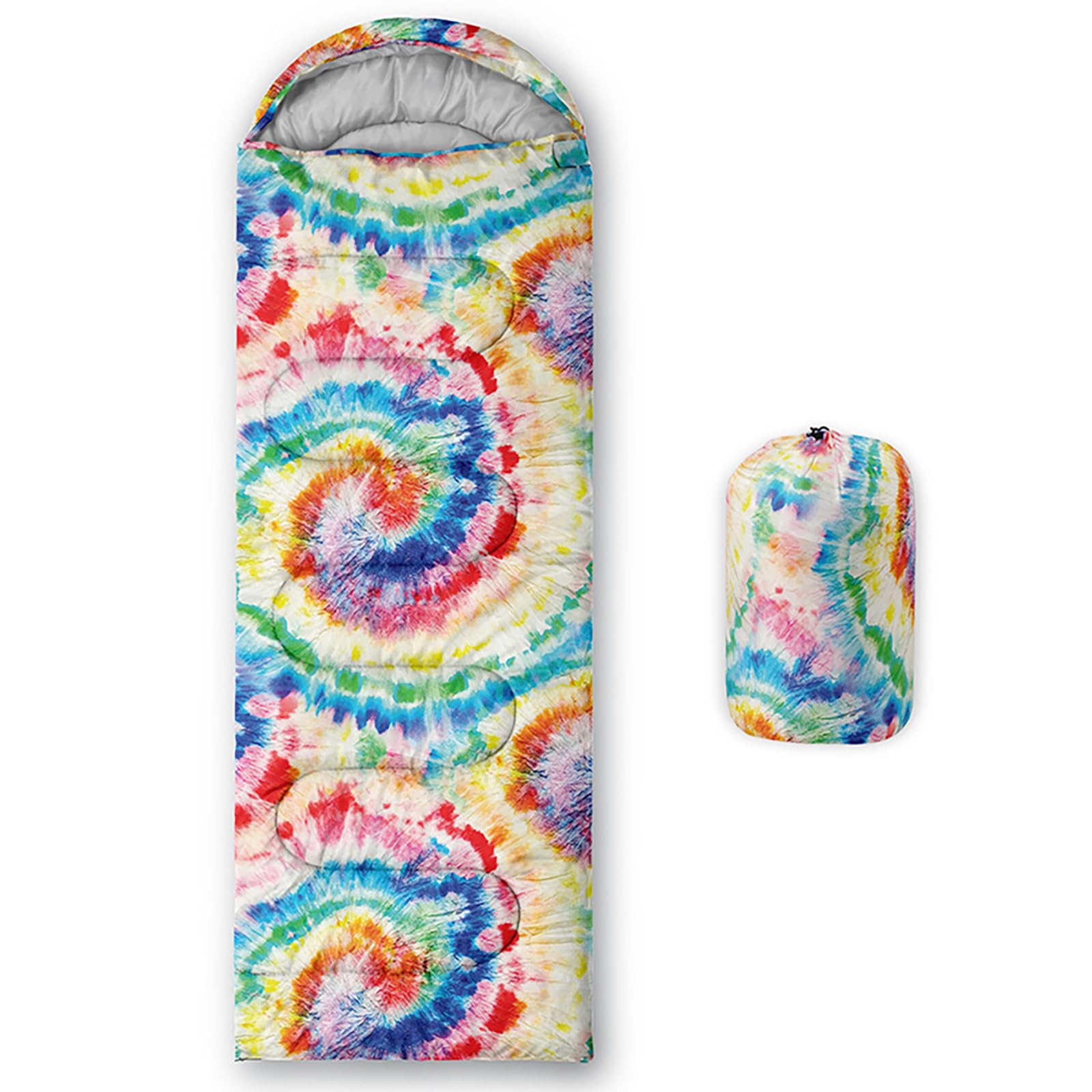 QOOMO tie dye rainbow sleeping bag front view showing roomy three-season design