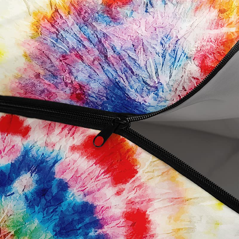QOOMO tie dye rainbow sleeping bag hood close-up with drawstring for warmth