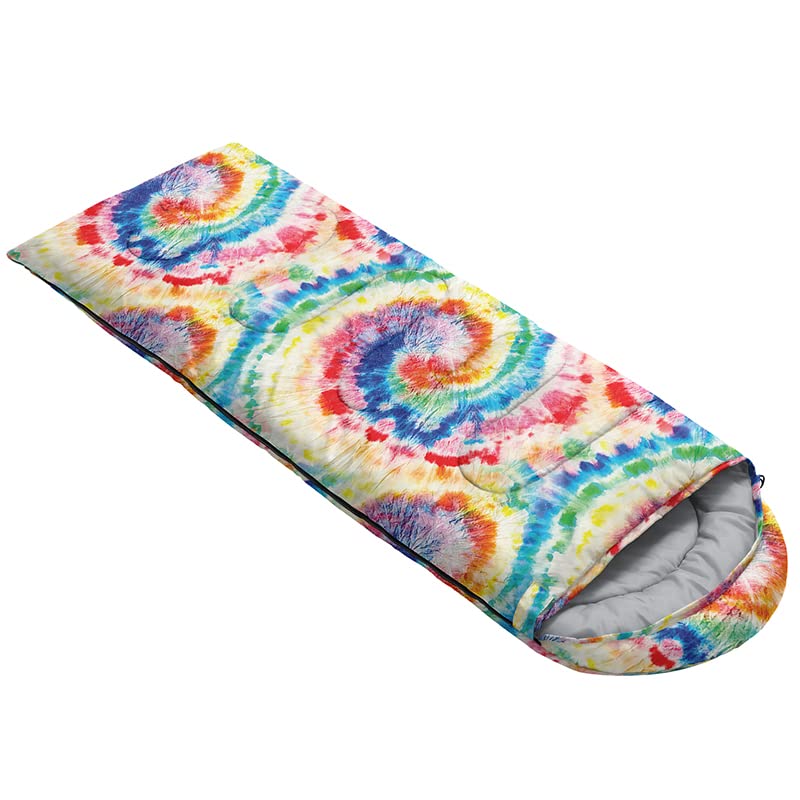 QOOMO tie dye rainbow sleeping bag interior view with soft lining and microfiber fill