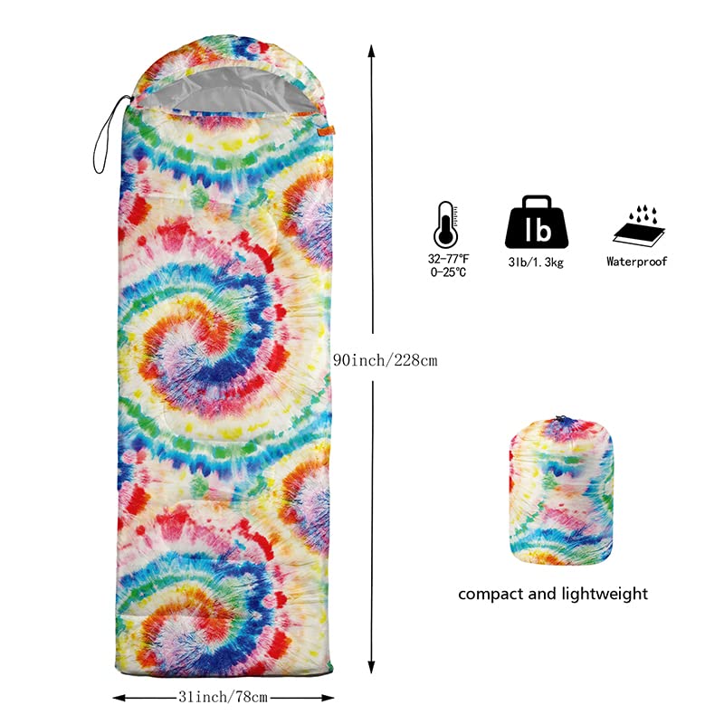 QOOMO tie dye rainbow sleeping bag packed in cylinder for easy transport
