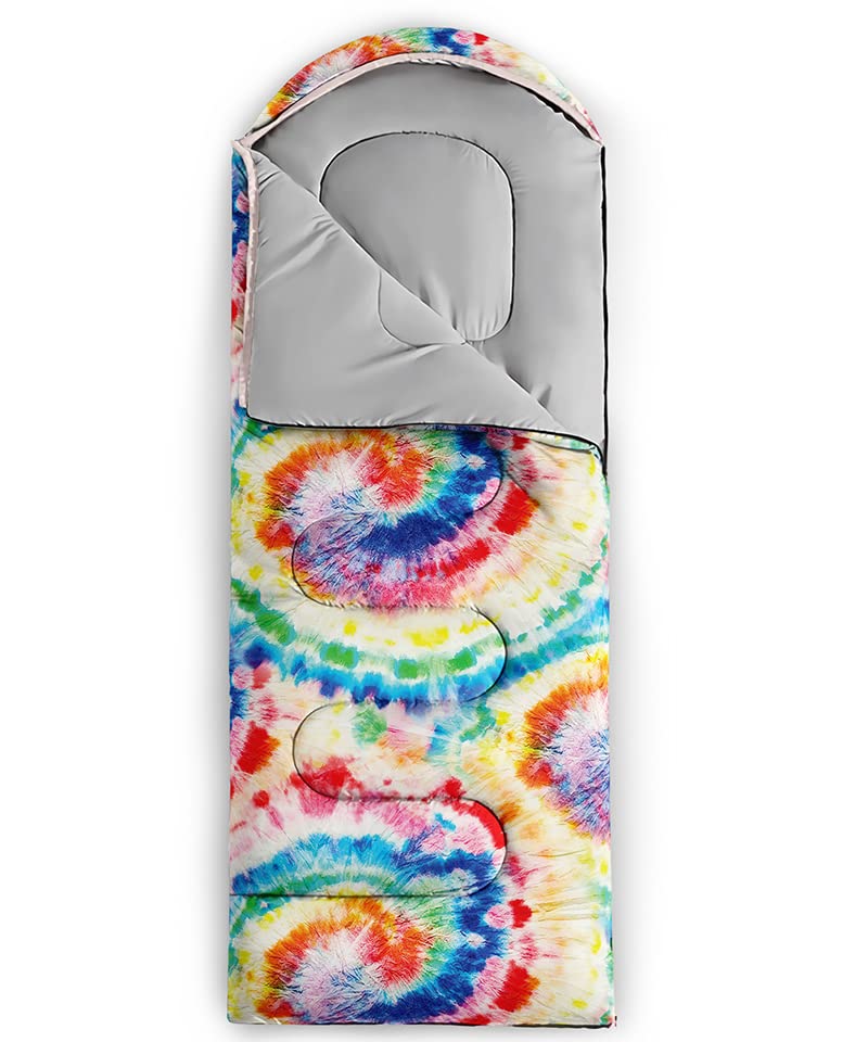 QOOMO tie dye rainbow sleeping bag rolled and closed, highly portable for travel